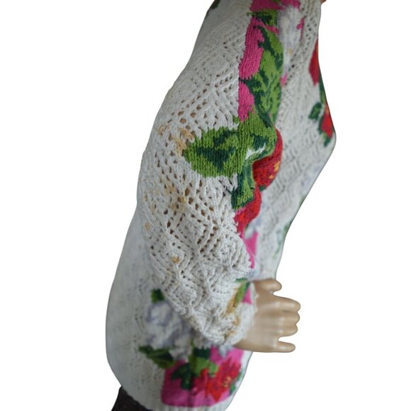 Vintage 80s Adrienne Vittadini Petites Size S Crochet Floral Grannycore Cardigan - Picture 6 of 16